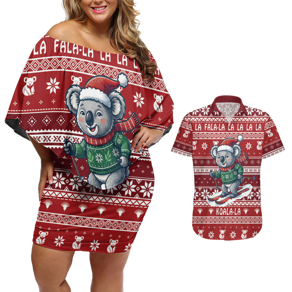 Australia Christmas In July Couples Matching Off Shoulder Short Dress and Hawaiian Shirt Koala Santa Skiing Red Color