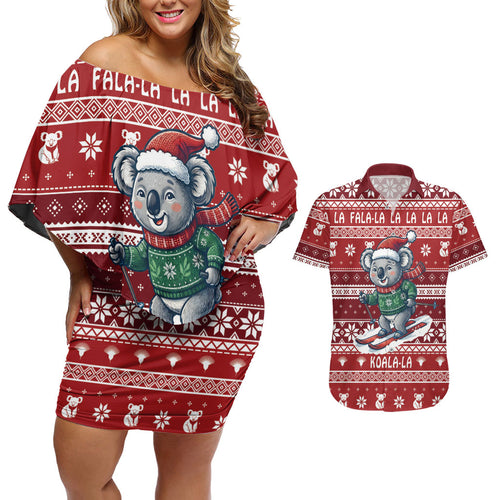 Australia Christmas In July Couples Matching Off Shoulder Short Dress and Hawaiian Shirt Koala Santa Skiing Red Color