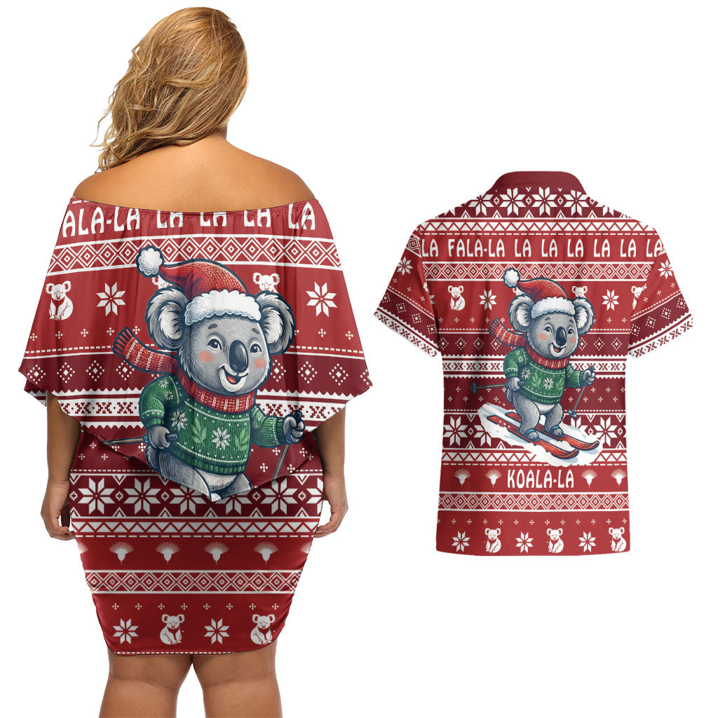 Australia Christmas In July Couples Matching Off Shoulder Short Dress and Hawaiian Shirt Koala Santa Skiing Red Color