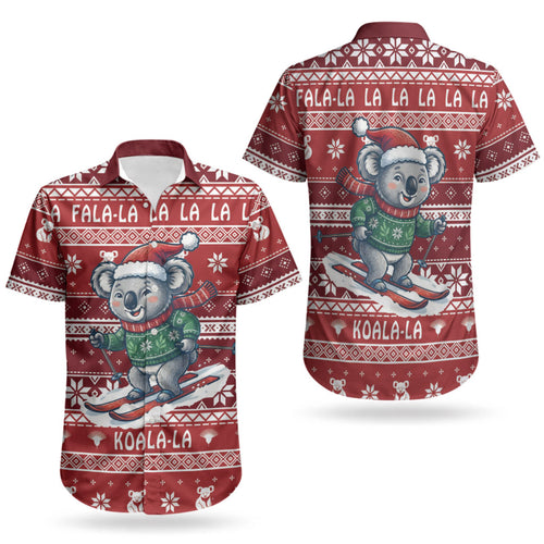 Australia Christmas In July Couples Matching Off Shoulder Short Dress and Hawaiian Shirt Koala Santa Skiing Red Color LT22