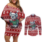 Australia Christmas In July Couples Matching Off Shoulder Short Dress and Long Sleeve Button Shirt Koala Santa Skiing Red Color