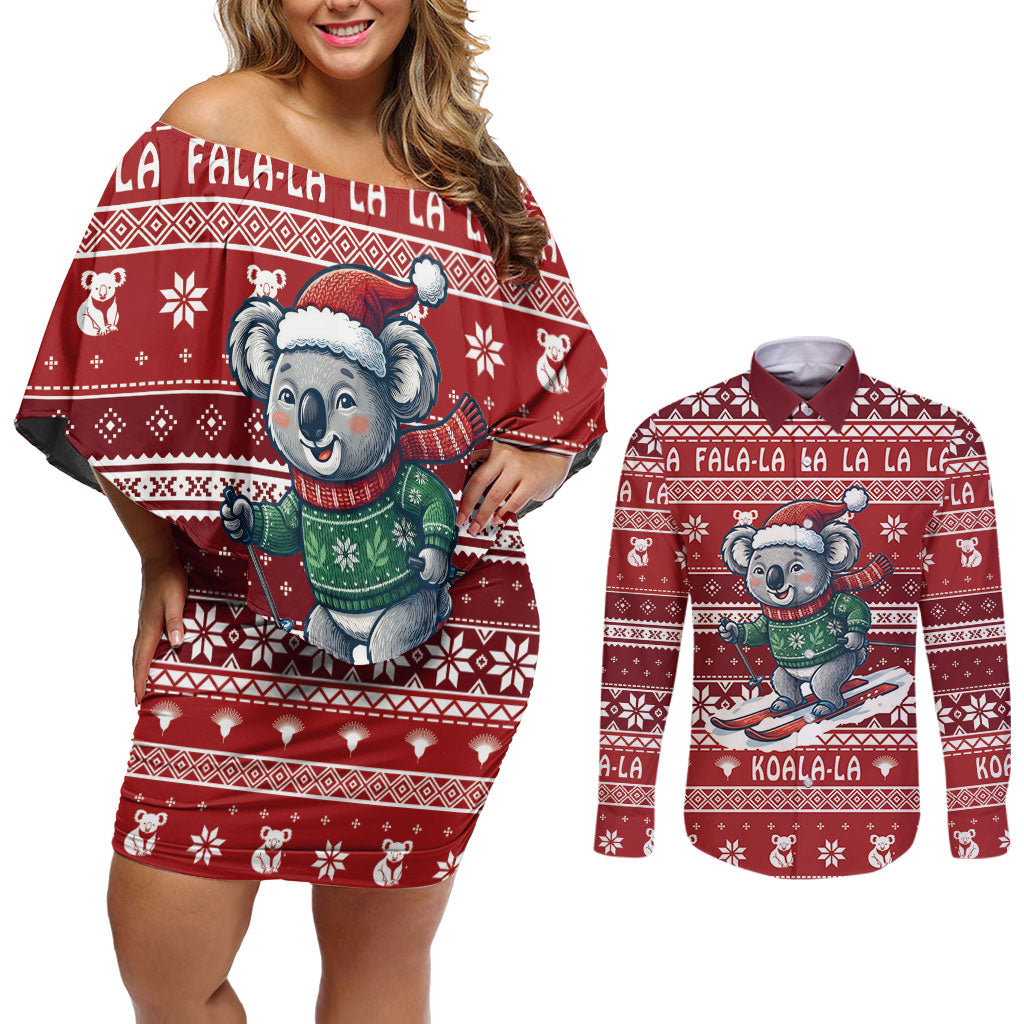 Australia Christmas In July Couples Matching Off Shoulder Short Dress and Long Sleeve Button Shirt Koala Santa Skiing Red Color