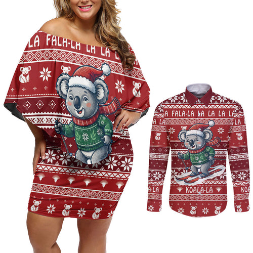 Australia Christmas In July Couples Matching Off Shoulder Short Dress and Long Sleeve Button Shirt Koala Santa Skiing Red Color