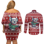 Australia Christmas In July Couples Matching Off Shoulder Short Dress and Long Sleeve Button Shirt Koala Santa Skiing Red Color