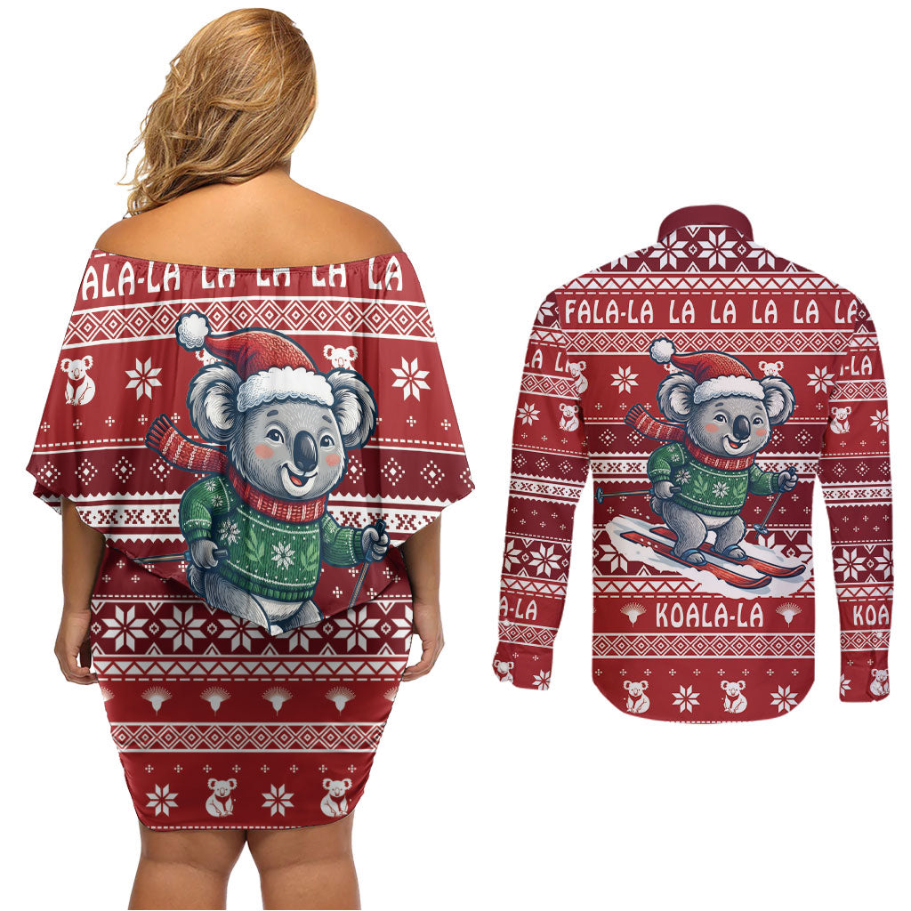 Australia Christmas In July Couples Matching Off Shoulder Short Dress and Long Sleeve Button Shirt Koala Santa Skiing Red Color
