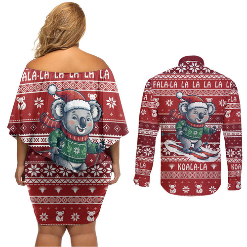 Australia Christmas In July Couples Matching Off Shoulder Short Dress and Long Sleeve Button Shirt Koala Santa Skiing Red Color