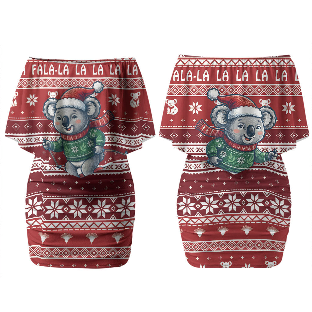 Australia Christmas In July Couples Matching Off Shoulder Short Dress and Long Sleeve Button Shirt Koala Santa Skiing Red Color LT22