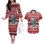 Australia Christmas In July Couples Matching Off The Shoulder Long Sleeve Dress and Hawaiian Shirt Koala Santa Skiing Red Color