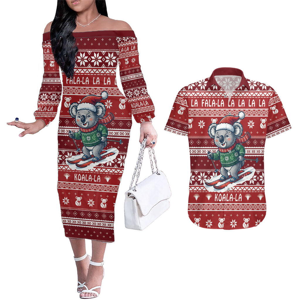 Australia Christmas In July Couples Matching Off The Shoulder Long Sleeve Dress and Hawaiian Shirt Koala Santa Skiing Red Color