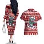 Australia Christmas In July Couples Matching Off The Shoulder Long Sleeve Dress and Hawaiian Shirt Koala Santa Skiing Red Color