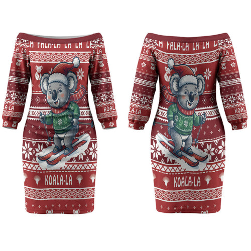 Australia Christmas In July Couples Matching Off The Shoulder Long Sleeve Dress and Hawaiian Shirt Koala Santa Skiing Red Color LT22