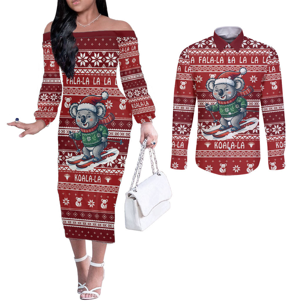 Australia Christmas In July Couples Matching Off The Shoulder Long Sleeve Dress and Long Sleeve Button Shirt Koala Santa Skiing Red Color