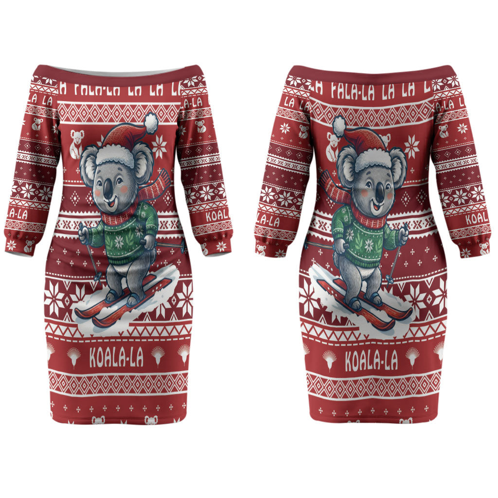 Australia Christmas In July Couples Matching Off The Shoulder Long Sleeve Dress and Long Sleeve Button Shirt Koala Santa Skiing Red Color LT22