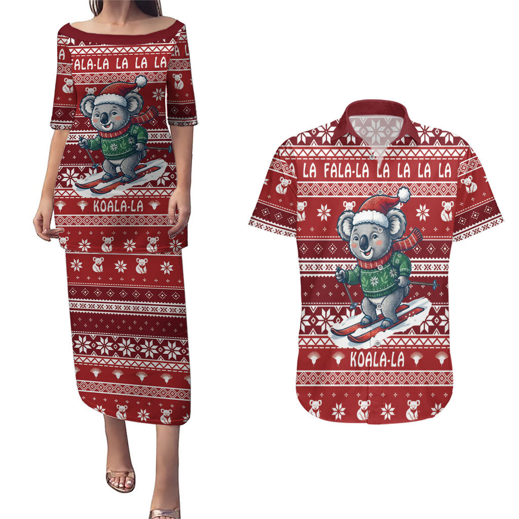 Australia Christmas In July Couples Matching Puletasi and Hawaiian Shirt Koala Santa Skiing Red Color