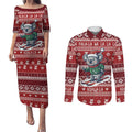 Australia Christmas In July Couples Matching Puletasi and Long Sleeve Button Shirt Koala Santa Skiing Red Color