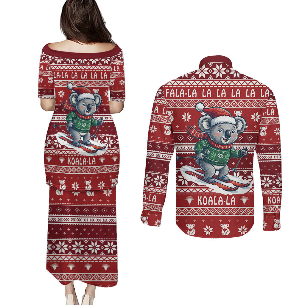 Australia Christmas In July Couples Matching Puletasi and Long Sleeve Button Shirt Koala Santa Skiing Red Color