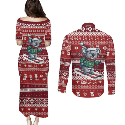 Australia Christmas In July Couples Matching Puletasi and Long Sleeve Button Shirt Koala Santa Skiing Red Color