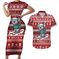 Australia Christmas In July Couples Matching Short Sleeve Bodycon Dress and Hawaiian Shirt Koala Santa Skiing Red Color