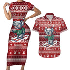 Australia Christmas In July Couples Matching Short Sleeve Bodycon Dress and Hawaiian Shirt Koala Santa Skiing Red Color