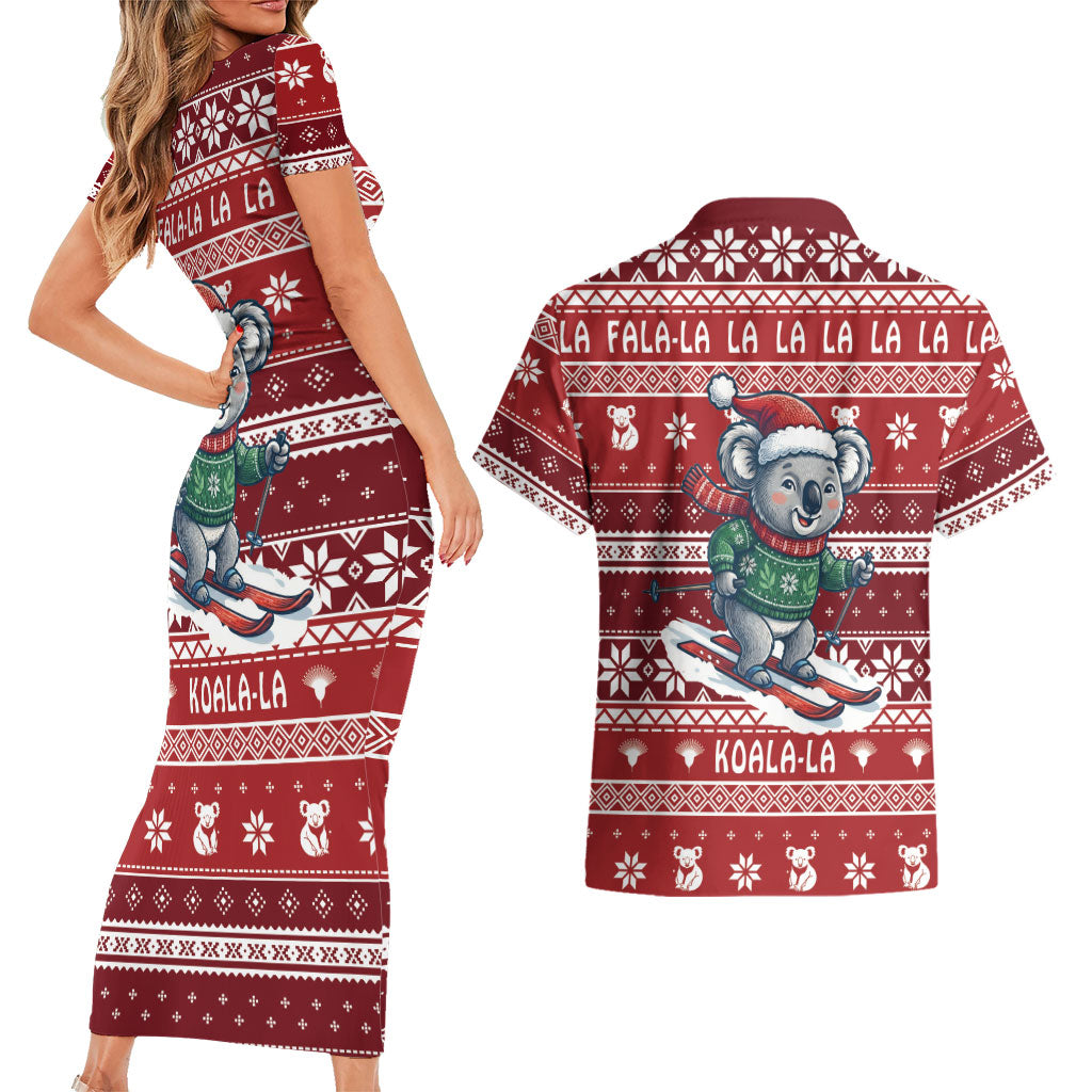 Australia Christmas In July Couples Matching Short Sleeve Bodycon Dress and Hawaiian Shirt Koala Santa Skiing Red Color