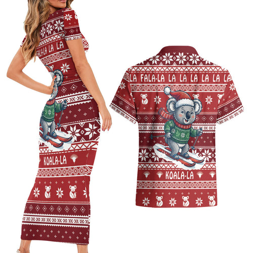 Australia Christmas In July Couples Matching Short Sleeve Bodycon Dress and Hawaiian Shirt Koala Santa Skiing Red Color