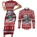 Australia Christmas In July Couples Matching Short Sleeve Bodycon Dress and Long Sleeve Button Shirt Koala Santa Skiing Red Color
