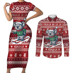 Australia Christmas In July Couples Matching Short Sleeve Bodycon Dress and Long Sleeve Button Shirt Koala Santa Skiing Red Color