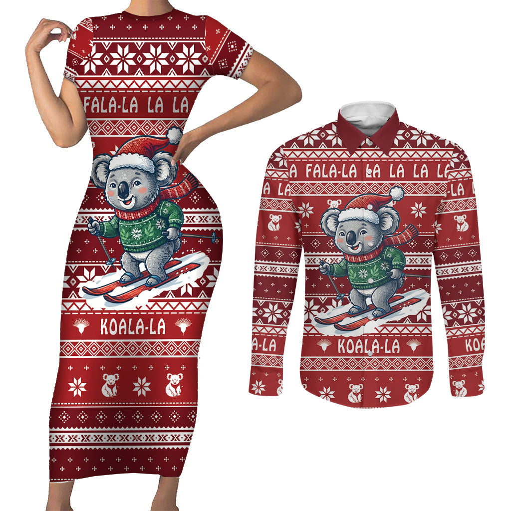 Australia Christmas In July Couples Matching Short Sleeve Bodycon Dress and Long Sleeve Button Shirt Koala Santa Skiing Red Color