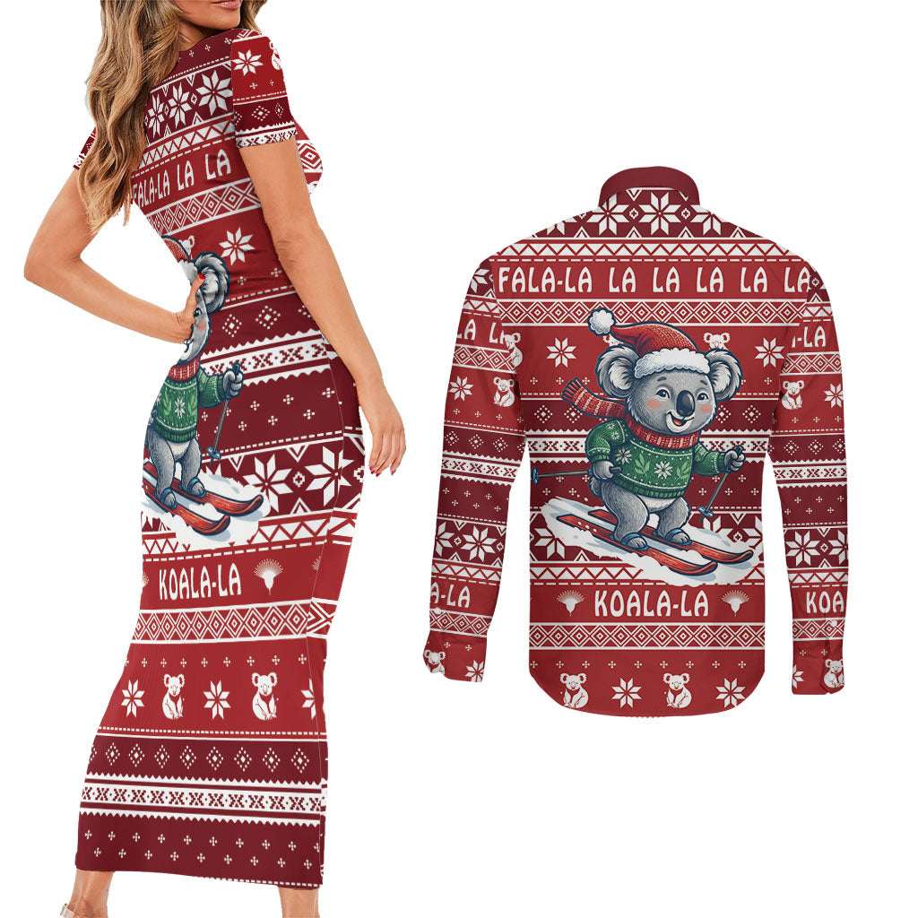 Australia Christmas In July Couples Matching Short Sleeve Bodycon Dress and Long Sleeve Button Shirt Koala Santa Skiing Red Color