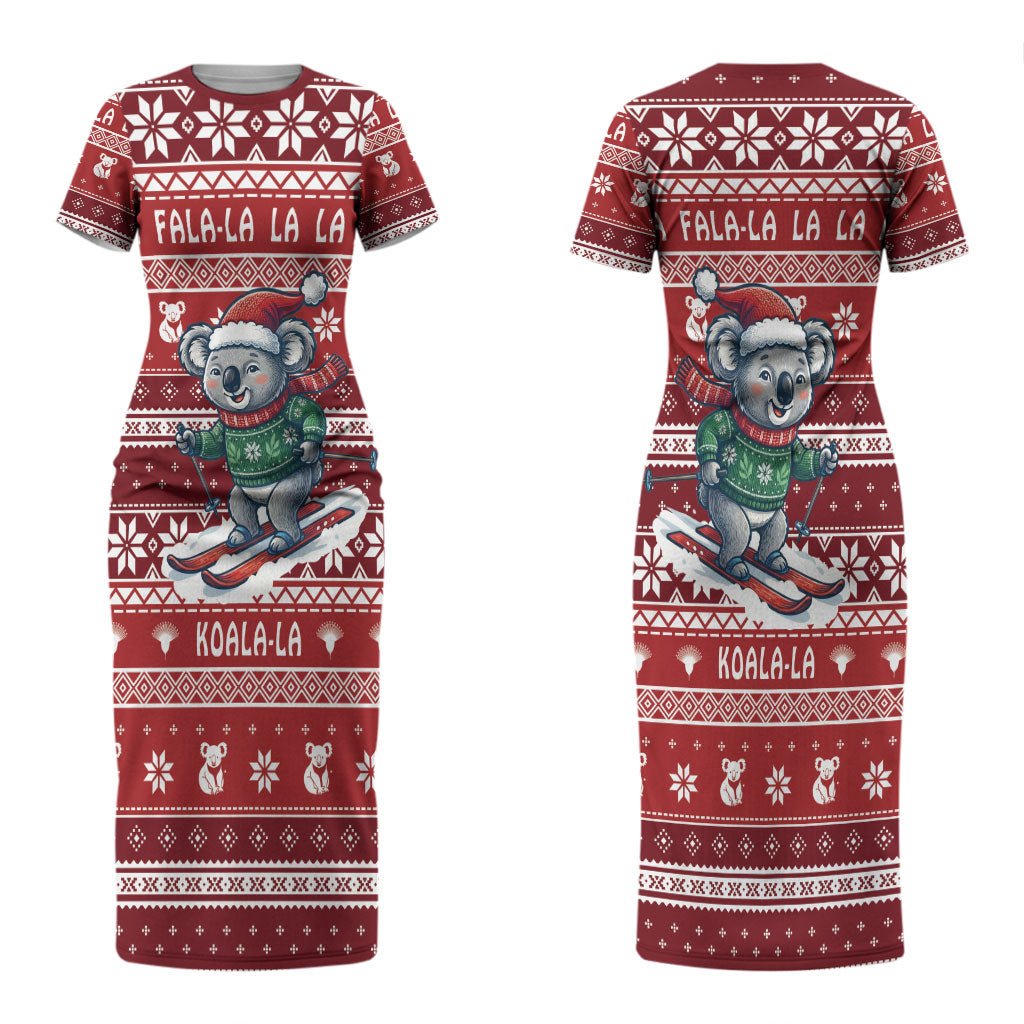Australia Christmas In July Couples Matching Short Sleeve Bodycon Dress and Long Sleeve Button Shirt Koala Santa Skiing Red Color LT22