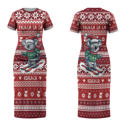 Australia Christmas In July Couples Matching Short Sleeve Bodycon Dress and Long Sleeve Button Shirt Koala Santa Skiing Red Color LT22
