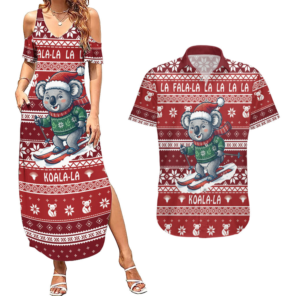 Australia Christmas In July Couples Matching Summer Maxi Dress and Hawaiian Shirt Koala Santa Skiing Red Color