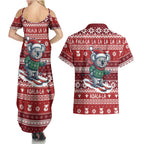 Australia Christmas In July Couples Matching Summer Maxi Dress and Hawaiian Shirt Koala Santa Skiing Red Color