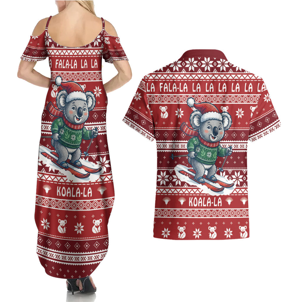 Australia Christmas In July Couples Matching Summer Maxi Dress and Hawaiian Shirt Koala Santa Skiing Red Color