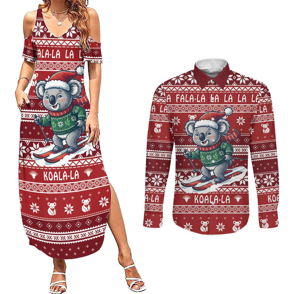 Australia Christmas In July Couples Matching Summer Maxi Dress and Long Sleeve Button Shirt Koala Santa Skiing Red Color