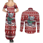 Australia Christmas In July Couples Matching Summer Maxi Dress and Long Sleeve Button Shirt Koala Santa Skiing Red Color