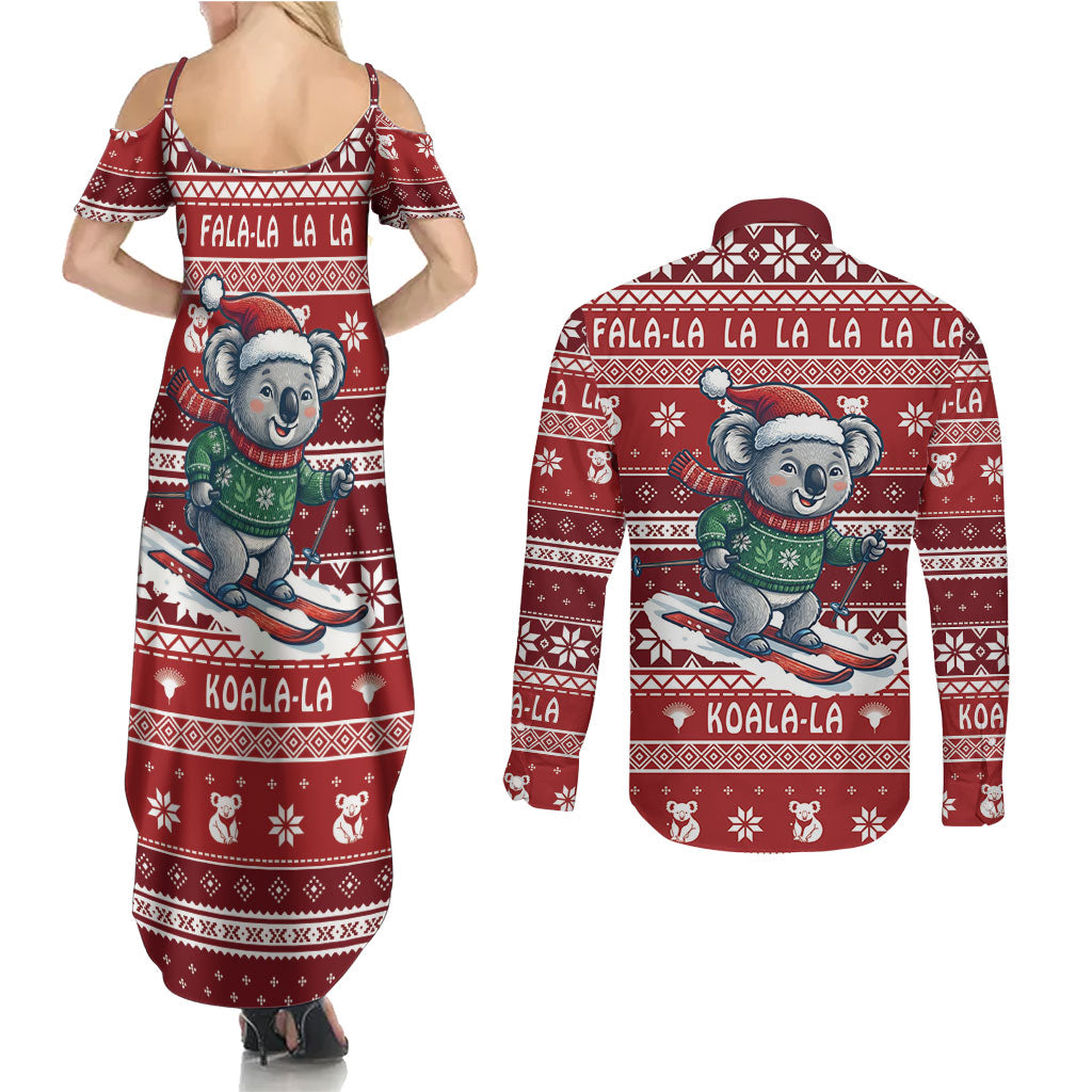 Australia Christmas In July Couples Matching Summer Maxi Dress and Long Sleeve Button Shirt Koala Santa Skiing Red Color