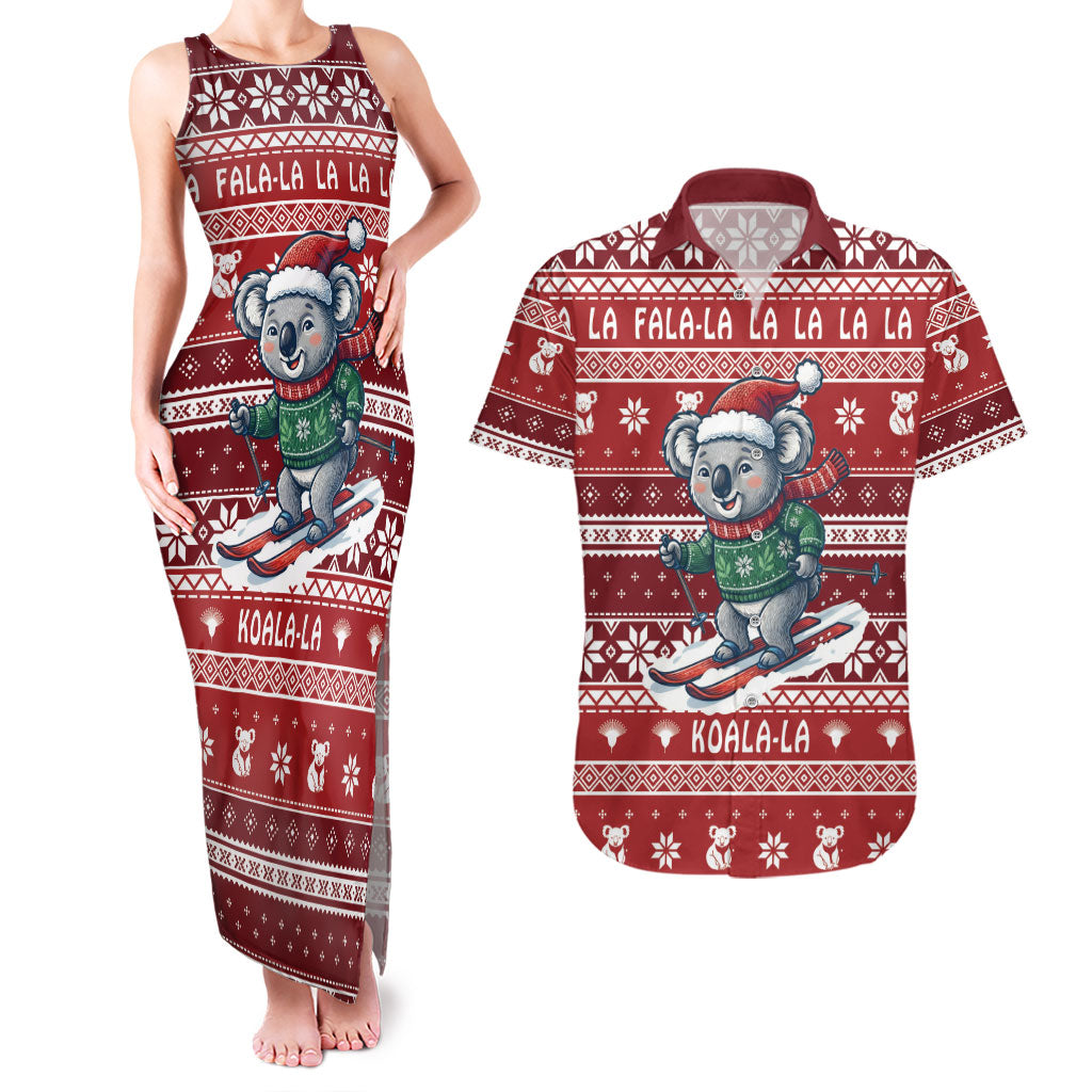 Australia Christmas In July Couples Matching Tank Maxi Dress and Hawaiian Shirt Koala Santa Skiing Red Color