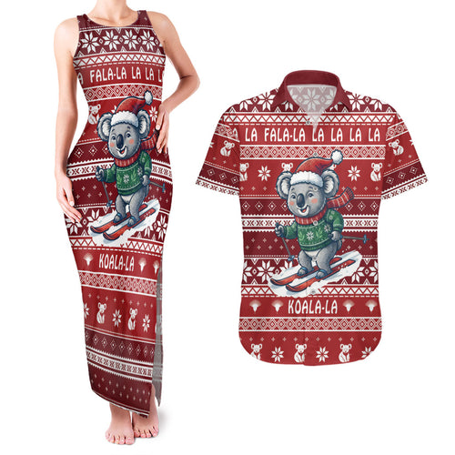 Australia Christmas In July Couples Matching Tank Maxi Dress and Hawaiian Shirt Koala Santa Skiing Red Color