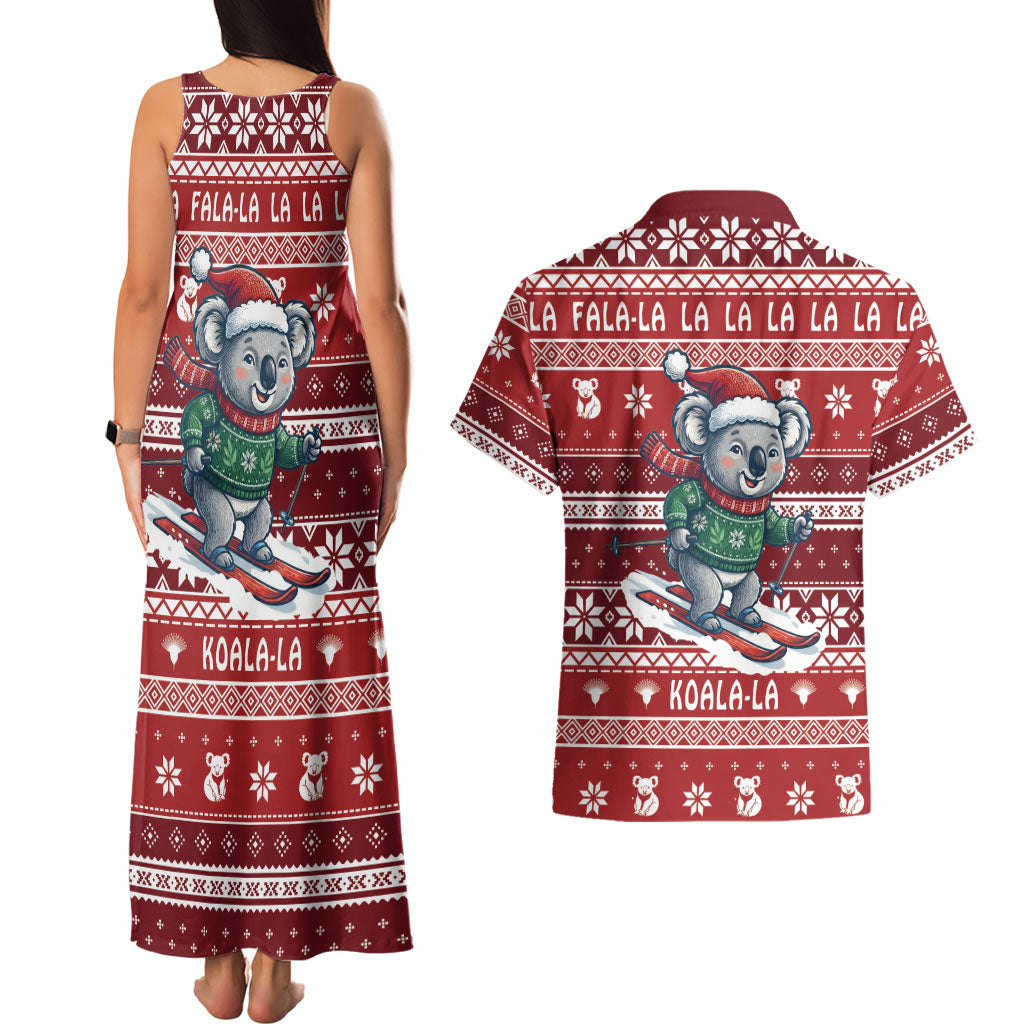 Australia Christmas In July Couples Matching Tank Maxi Dress and Hawaiian Shirt Koala Santa Skiing Red Color