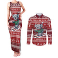 Australia Christmas In July Couples Matching Tank Maxi Dress and Long Sleeve Button Shirt Koala Santa Skiing Red Color