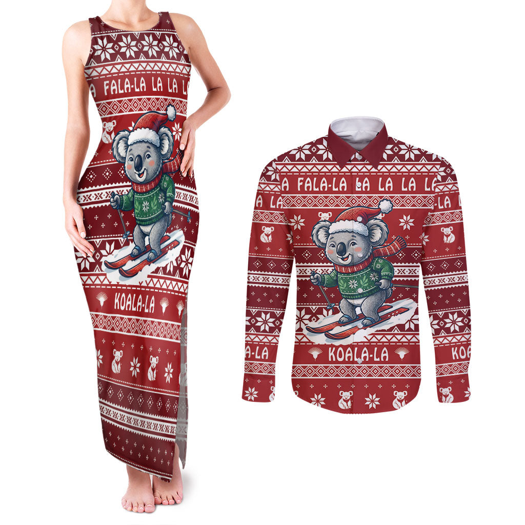 Australia Christmas In July Couples Matching Tank Maxi Dress and Long Sleeve Button Shirt Koala Santa Skiing Red Color