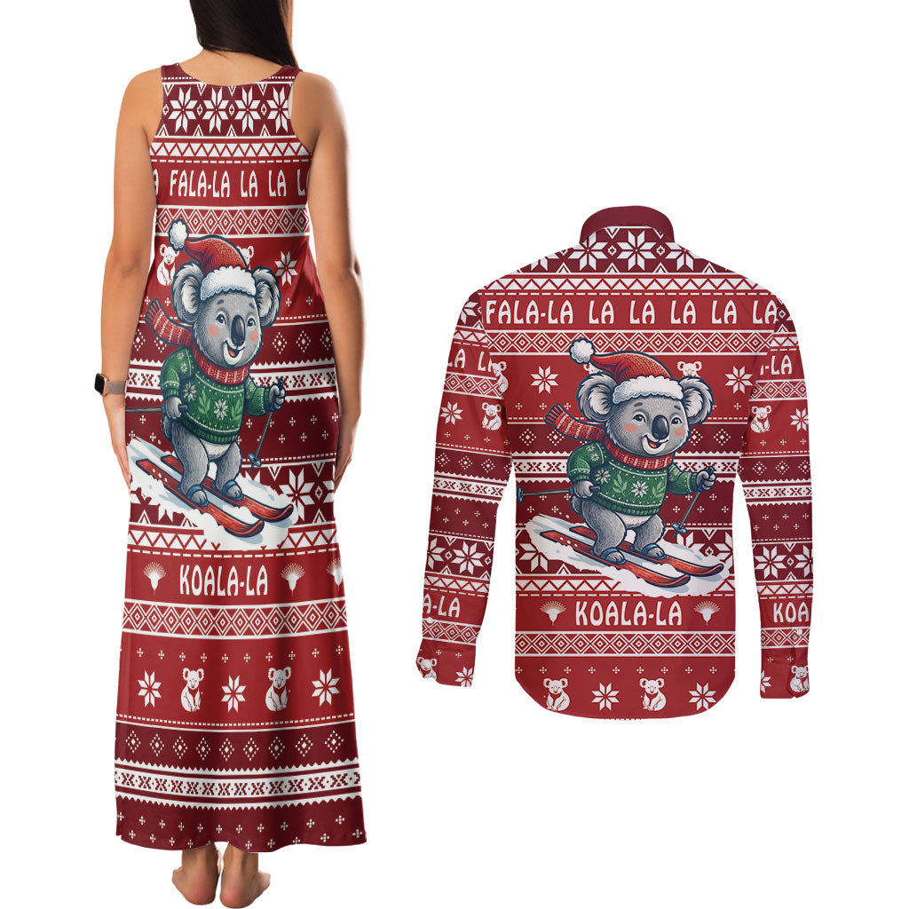 Australia Christmas In July Couples Matching Tank Maxi Dress and Long Sleeve Button Shirt Koala Santa Skiing Red Color