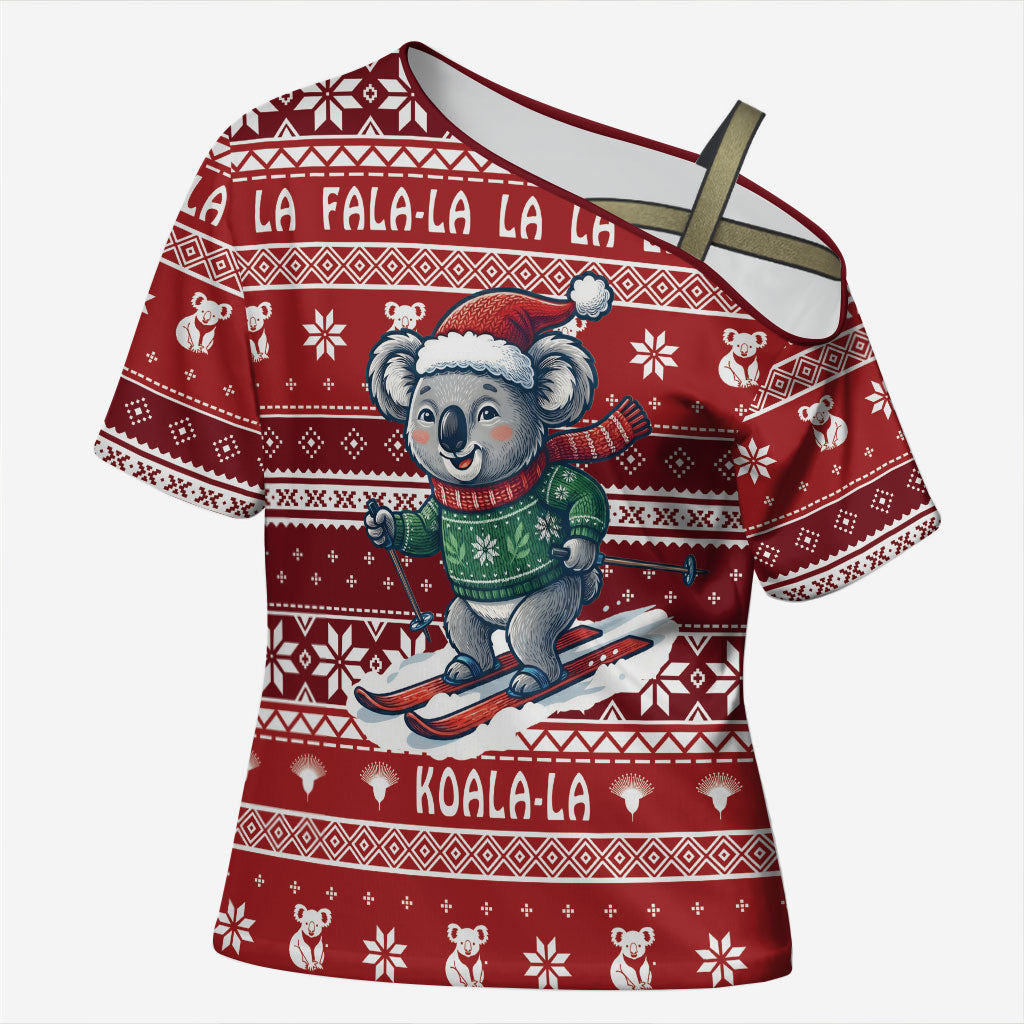 Australia Christmas In July Cross Shoulder Shirt Koala Santa Skiing Red Color