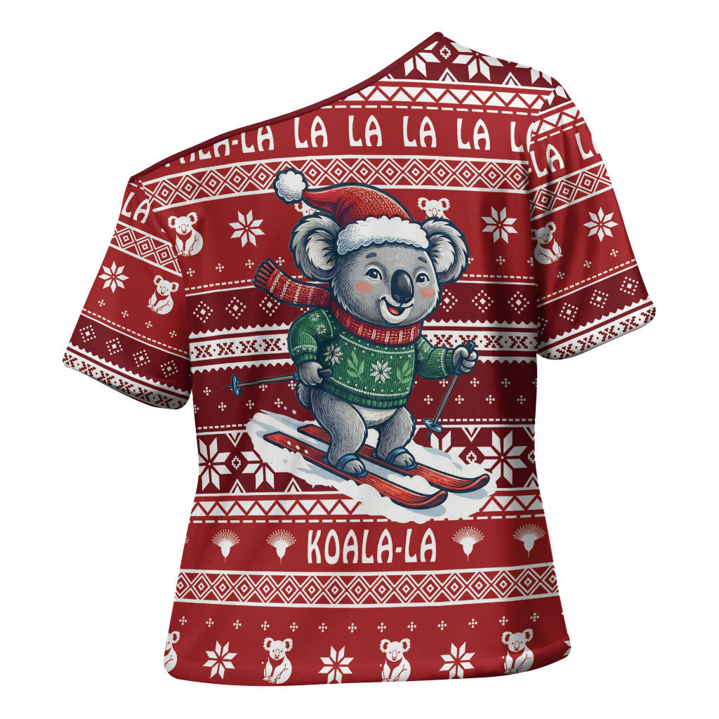 Australia Christmas In July Cross Shoulder Shirt Koala Santa Skiing Red Color