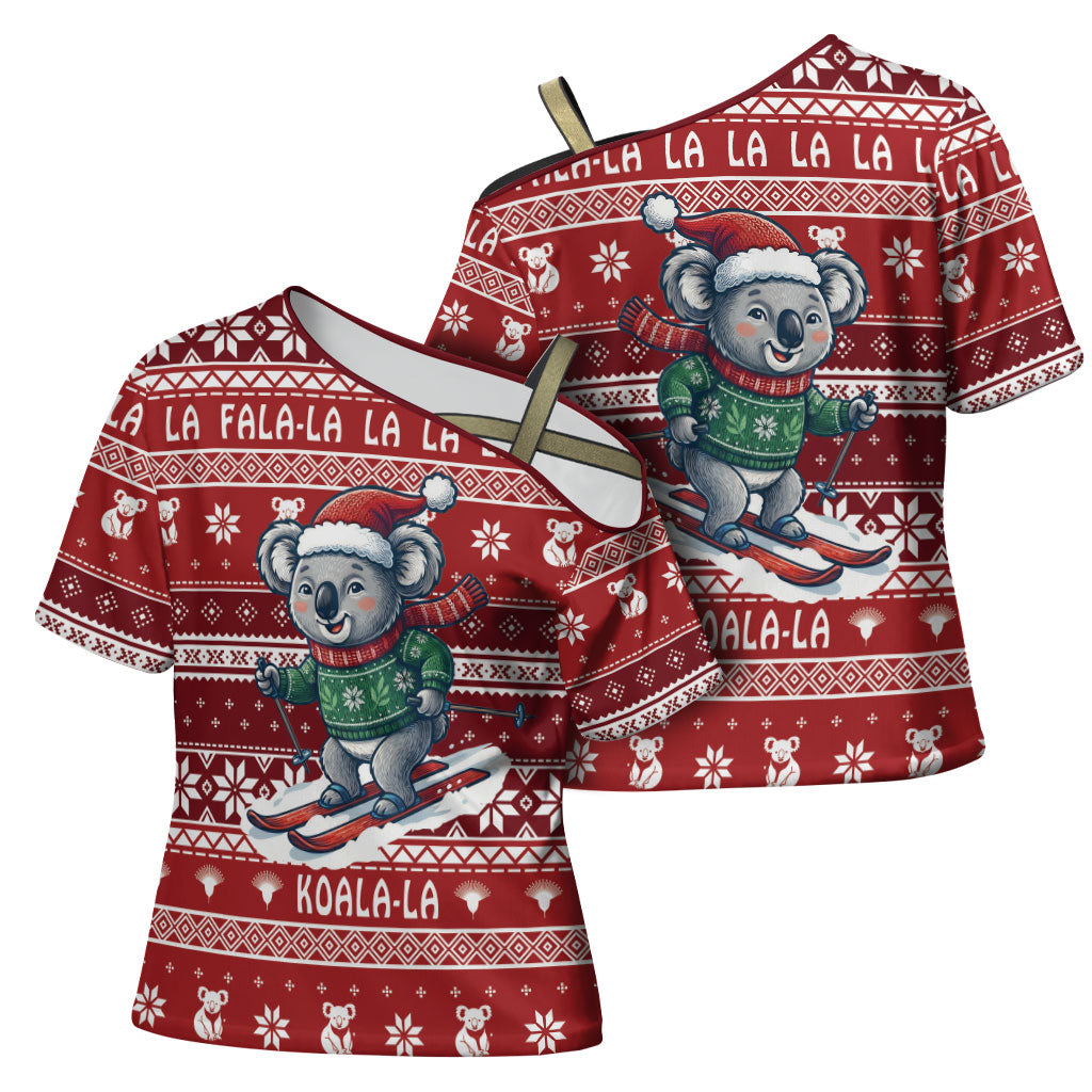 Australia Christmas In July Cross Shoulder Shirt Koala Santa Skiing Red Color
