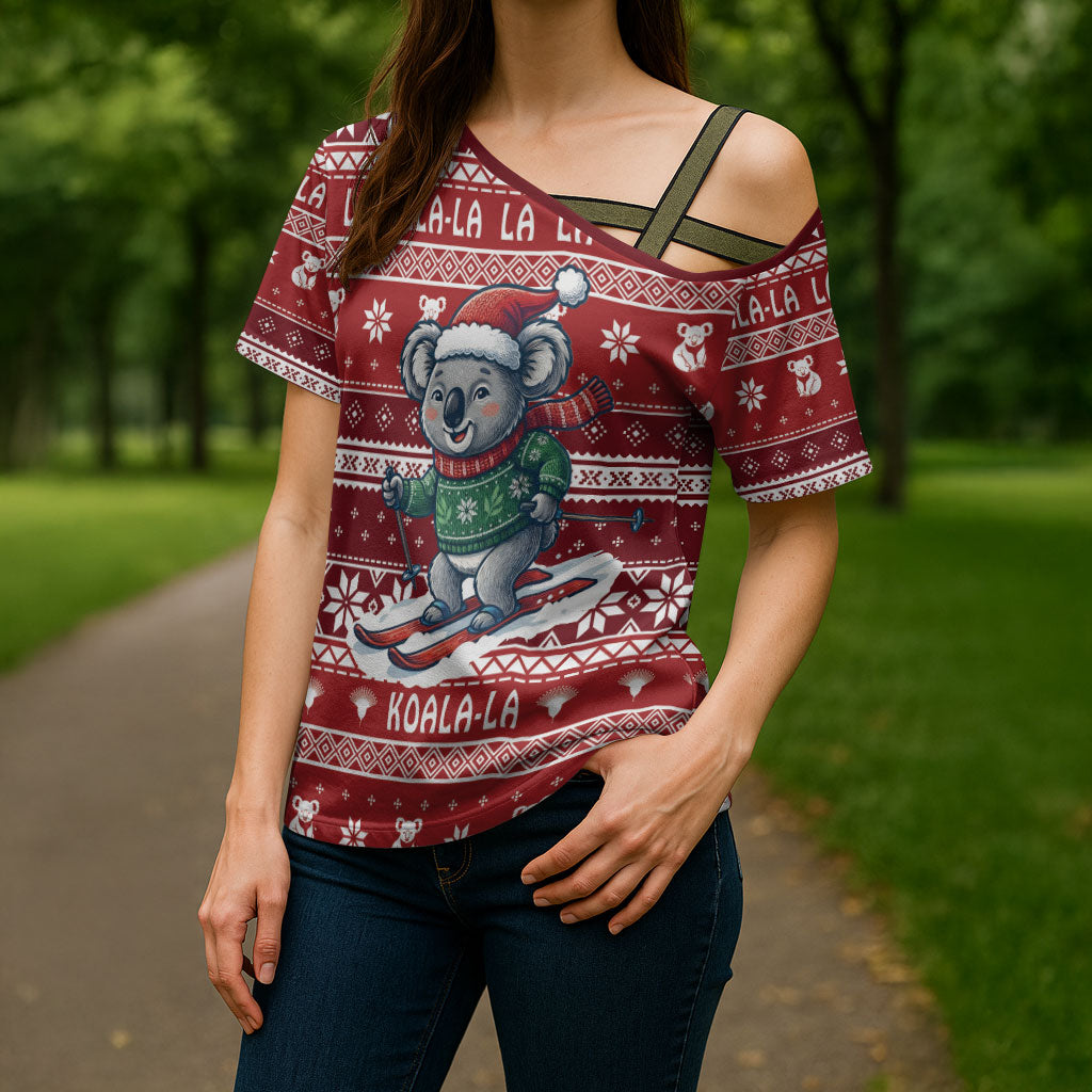 Australia Christmas In July Cross Shoulder Shirt Koala Santa Skiing Red Color