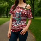 Australia Christmas In July Cross Shoulder Shirt Koala Santa Skiing Red Color