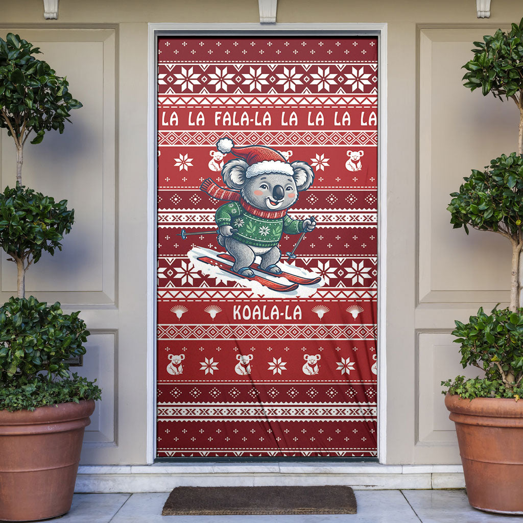 Australia Christmas In July Door Cover Koala Santa Skiing Red Color