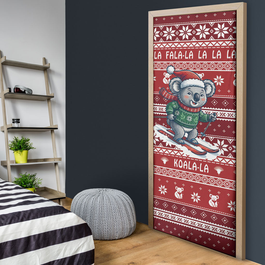 Australia Christmas In July Door Cover Koala Santa Skiing Red Color